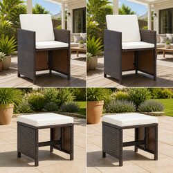 4 Piece Outdoor Garden Chair Stool Set Patio Seating with Cushions Brown