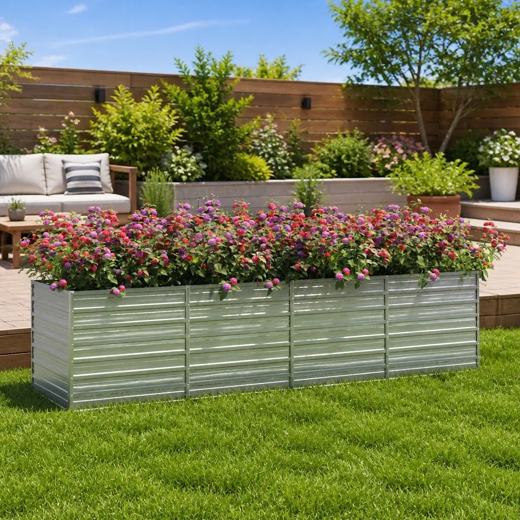 Outdoor Planter Galvanized Steel Silver 320x80x77cm Garden Raised Bed