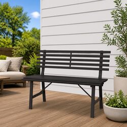 110cm Black Steel Outdoor Garden Bench with Slatted Backrest