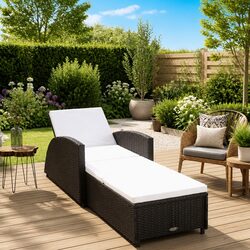 Adjustable Backrest Sun Lounger in Black Rattan with Cream Cushion