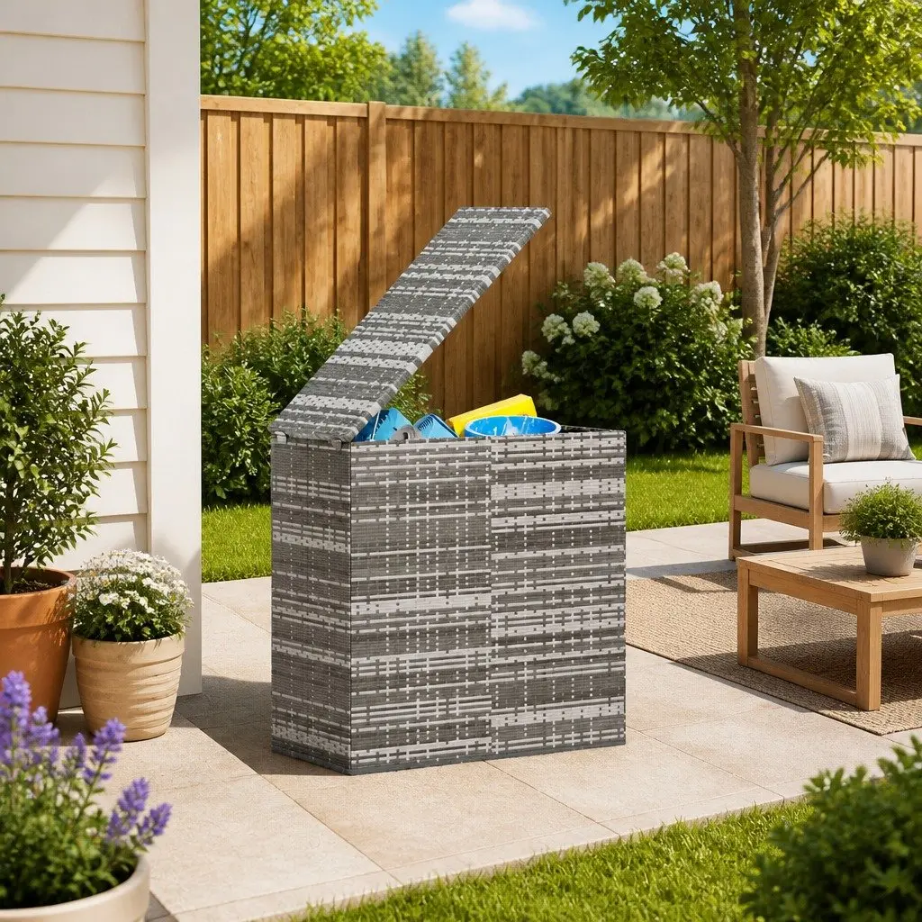 Grey Garden Storage Cushion Box with PE Rattan