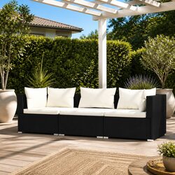 Sturdy 3-Seater Outdoor Sofa with Cushions in Black Rattan