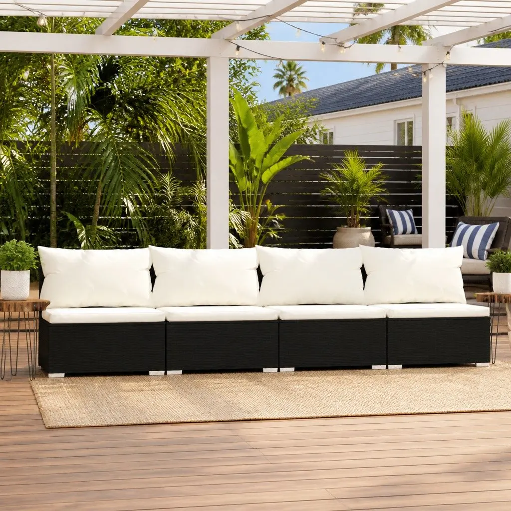 4-Seater Sofa PE Rattan Steel Frame Black Garden Patio Furniture Set with Cushions