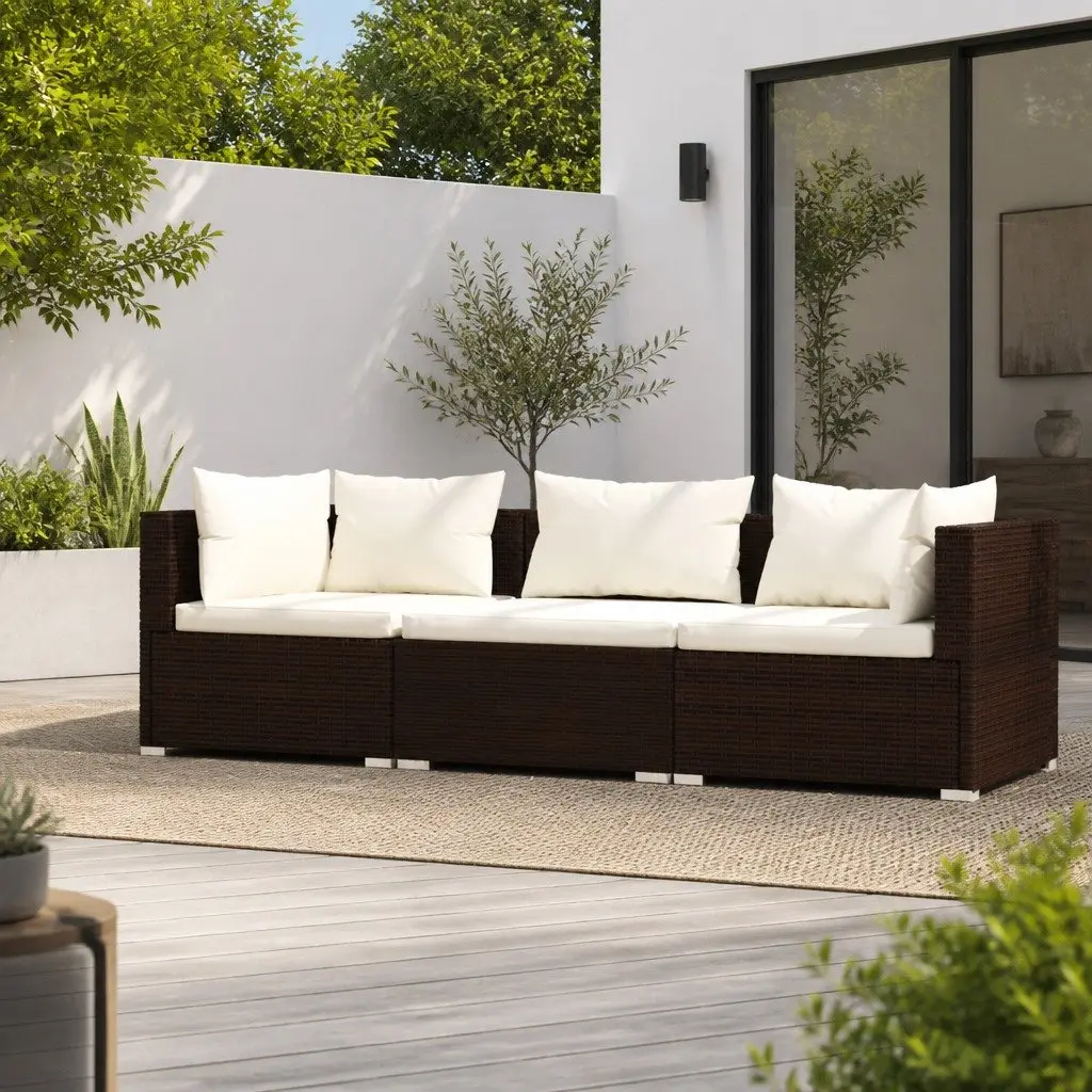 3-Seater Sofa Steel Frame Waterproof PE Rattan Brown with Cushions
