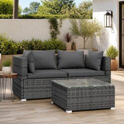 3 Piece Garden Lounge Set Grey Poly Rattan Outdoor Furniture with Cushions