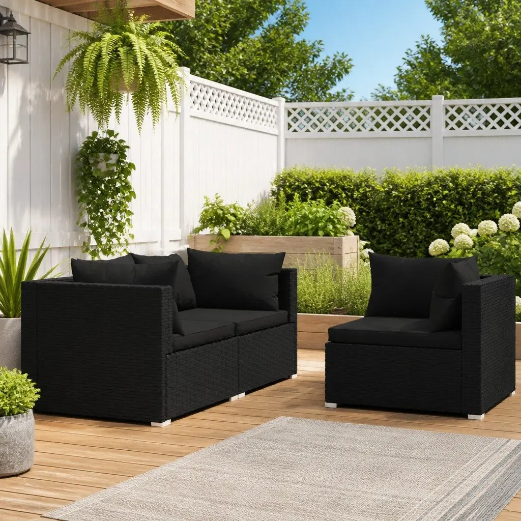 3 Piece Lounge Set Black PE Rattan Waterproof Sectional Sofa with Removable Cushions
