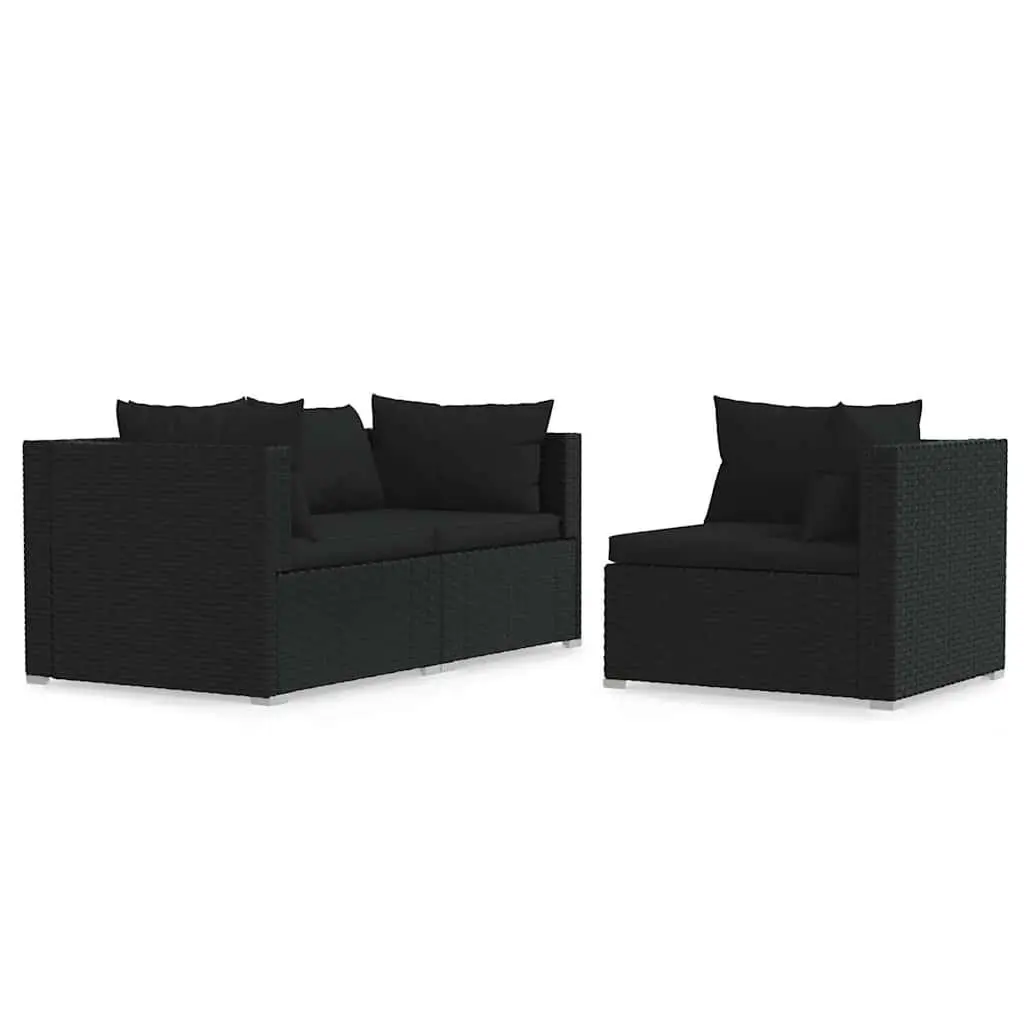 3 Piece Lounge Set Black PE Rattan Waterproof Sectional Sofa with Removable Cushions