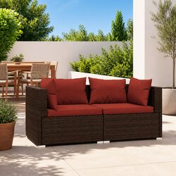 2-Seater Brown Rattan Sofa with Cushions for Outdoor Use
