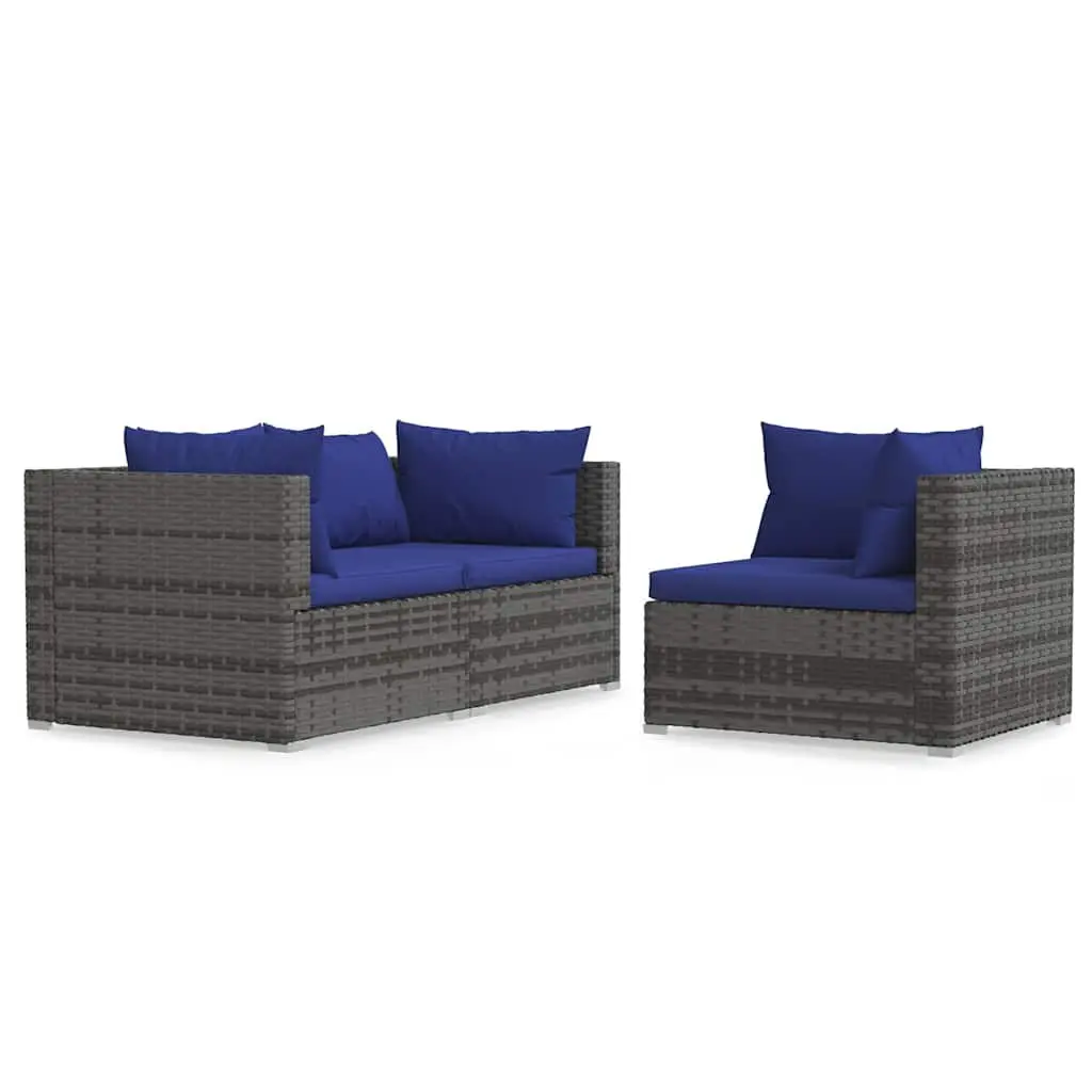 Garden Lounge Set Poly Rattan 3 Piece Grey Outdoor Patio Sofa with Cushions