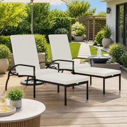 Durable Black Sun Loungers Set with Footrest