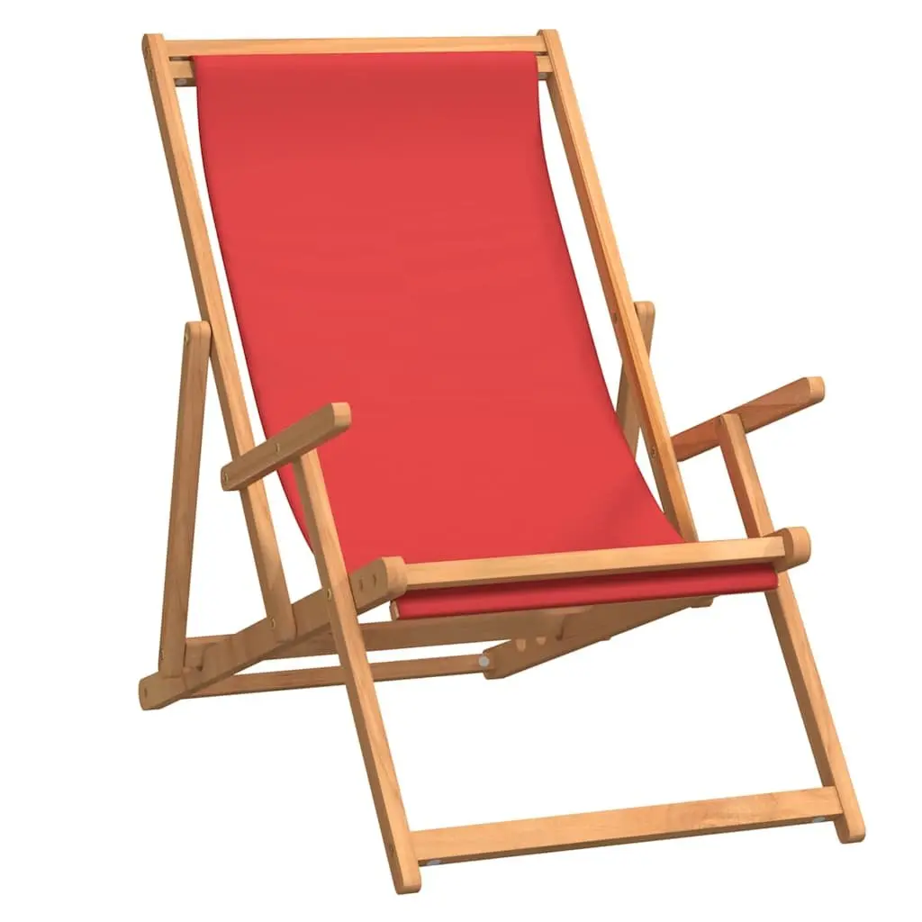 Folding Beach Chair Solid Teak Wood Adjustable Red Fabric