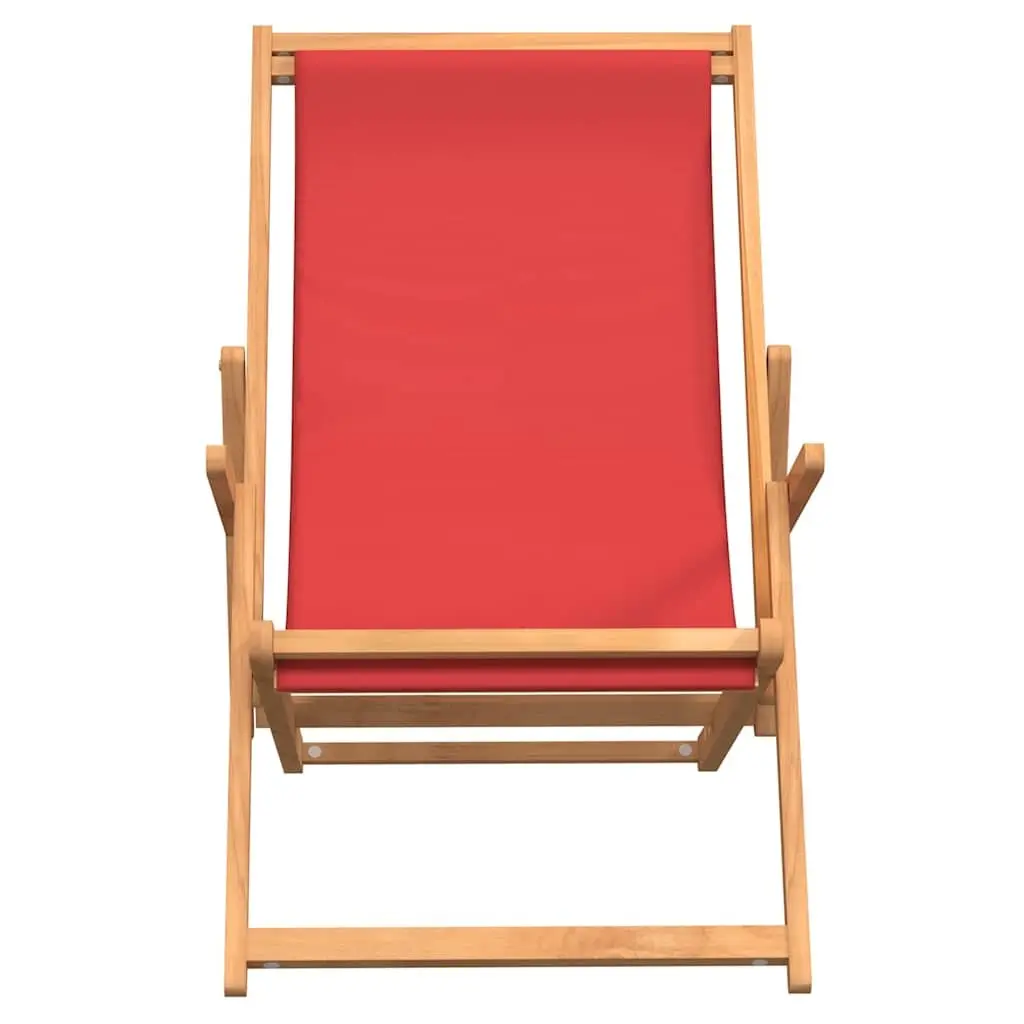 Folding Beach Chair Solid Teak Wood Adjustable Red Fabric