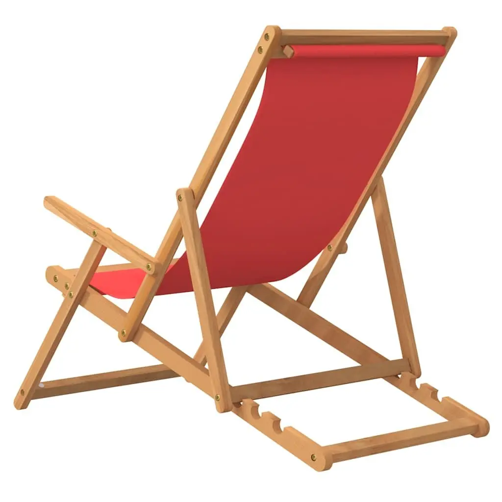 Folding Beach Chair Solid Teak Wood Adjustable Red Fabric