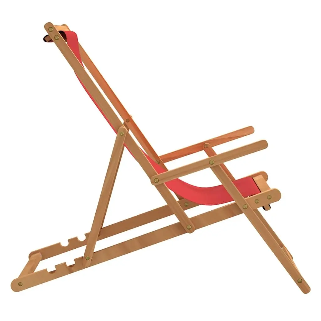 Folding Beach Chair Solid Teak Wood Adjustable Red Fabric