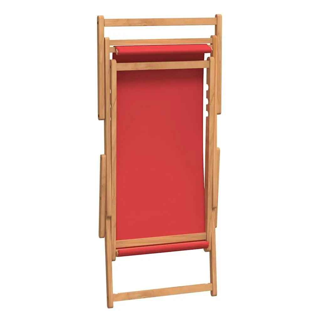 Folding Beach Chair Solid Teak Wood Adjustable Red Fabric