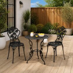 Set of 2 Black Outdoor Bistro Chairs with Floral Detail