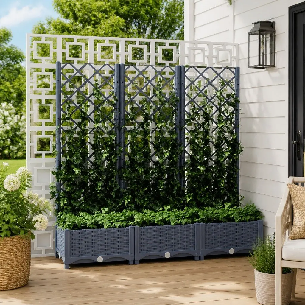 Garden Planter PP Grey 120x40x121.5cm with Integrated Trellis for Outdoor Climbing Plant Support