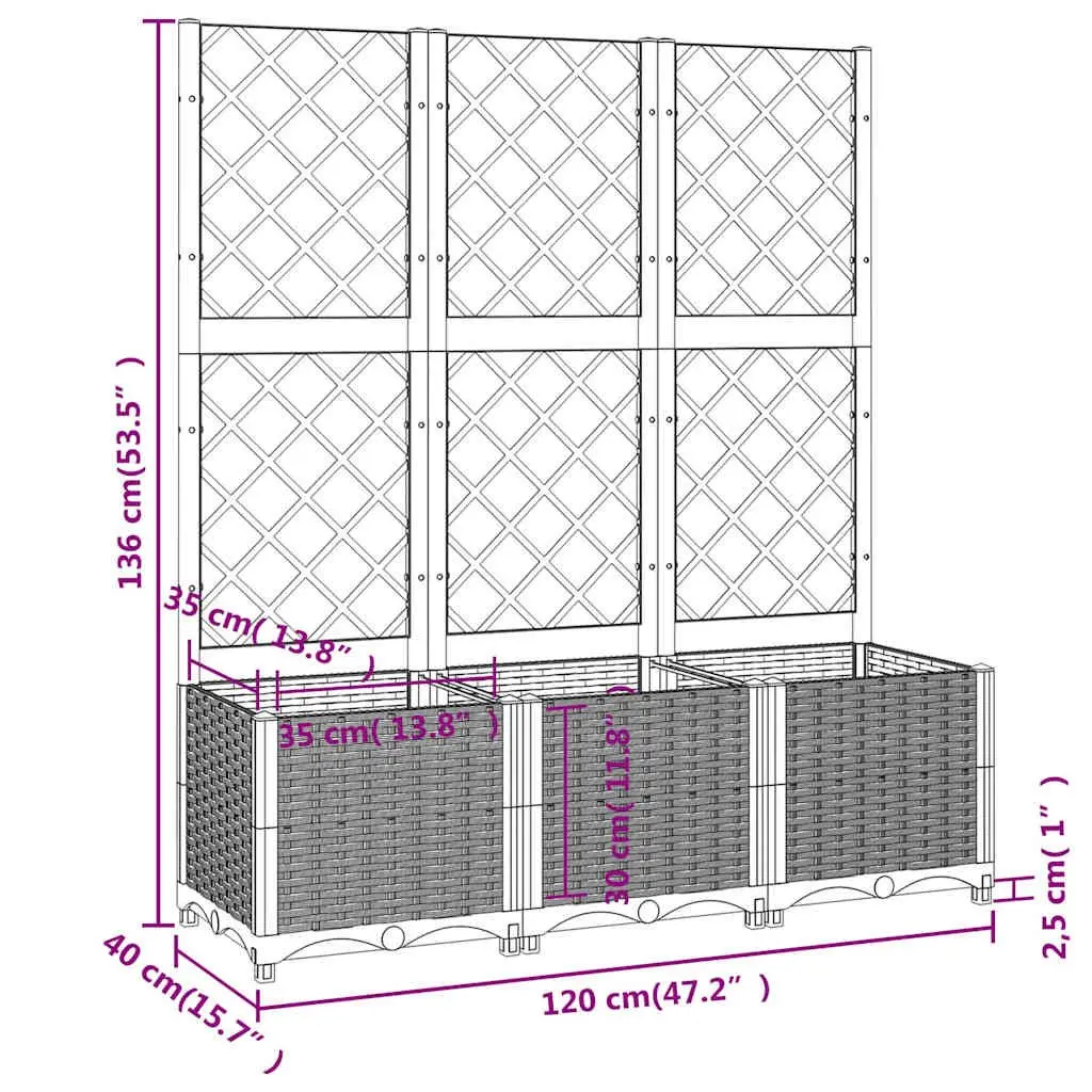 Black Garden Planter with Trellis 120x40x136cm