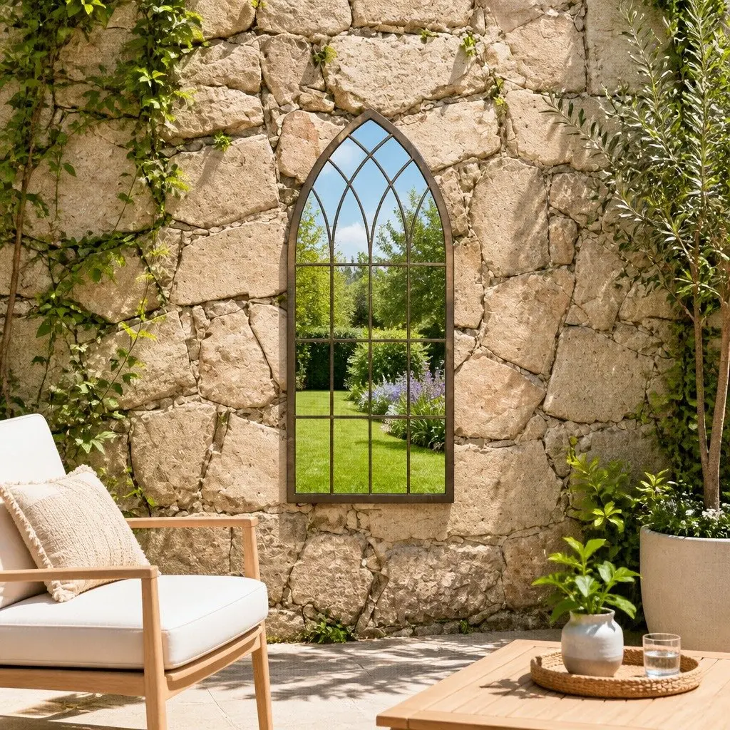 Cream Iron Garden Mirror with Rust Effect for Outdoor Use