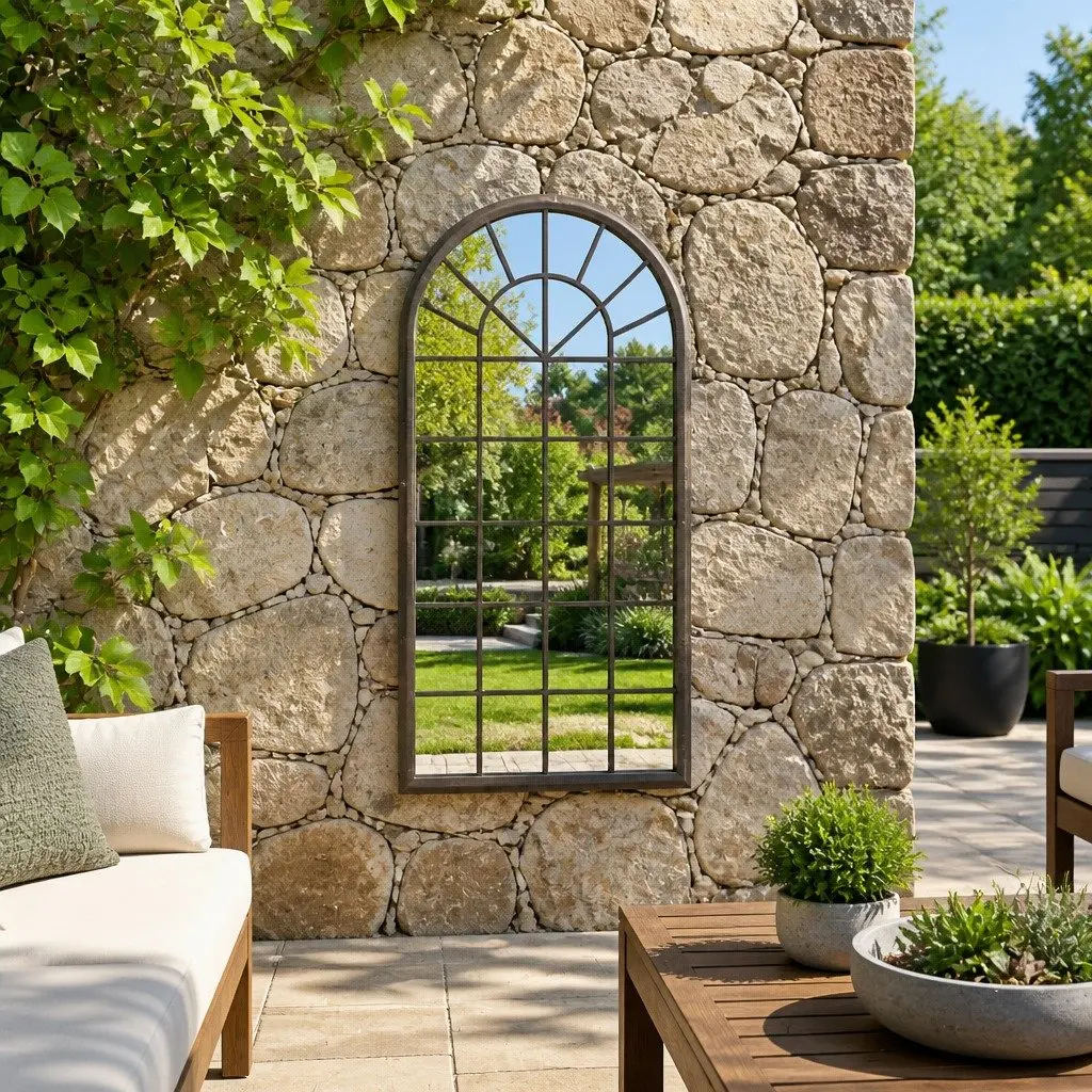 Cream Iron Frame Garden Mirror Outdoor Decor 90x45cm