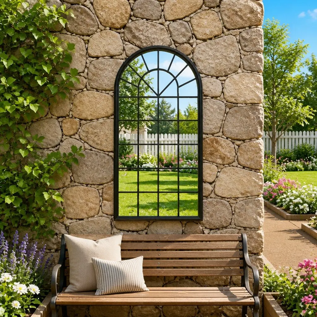 Black Iron Garden Mirror 90x45 cm Outdoor Wall Decor