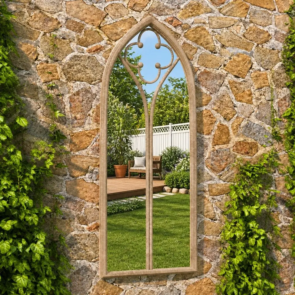 Cream Outdoor Garden Mirror with Rust Effect Iron Frame