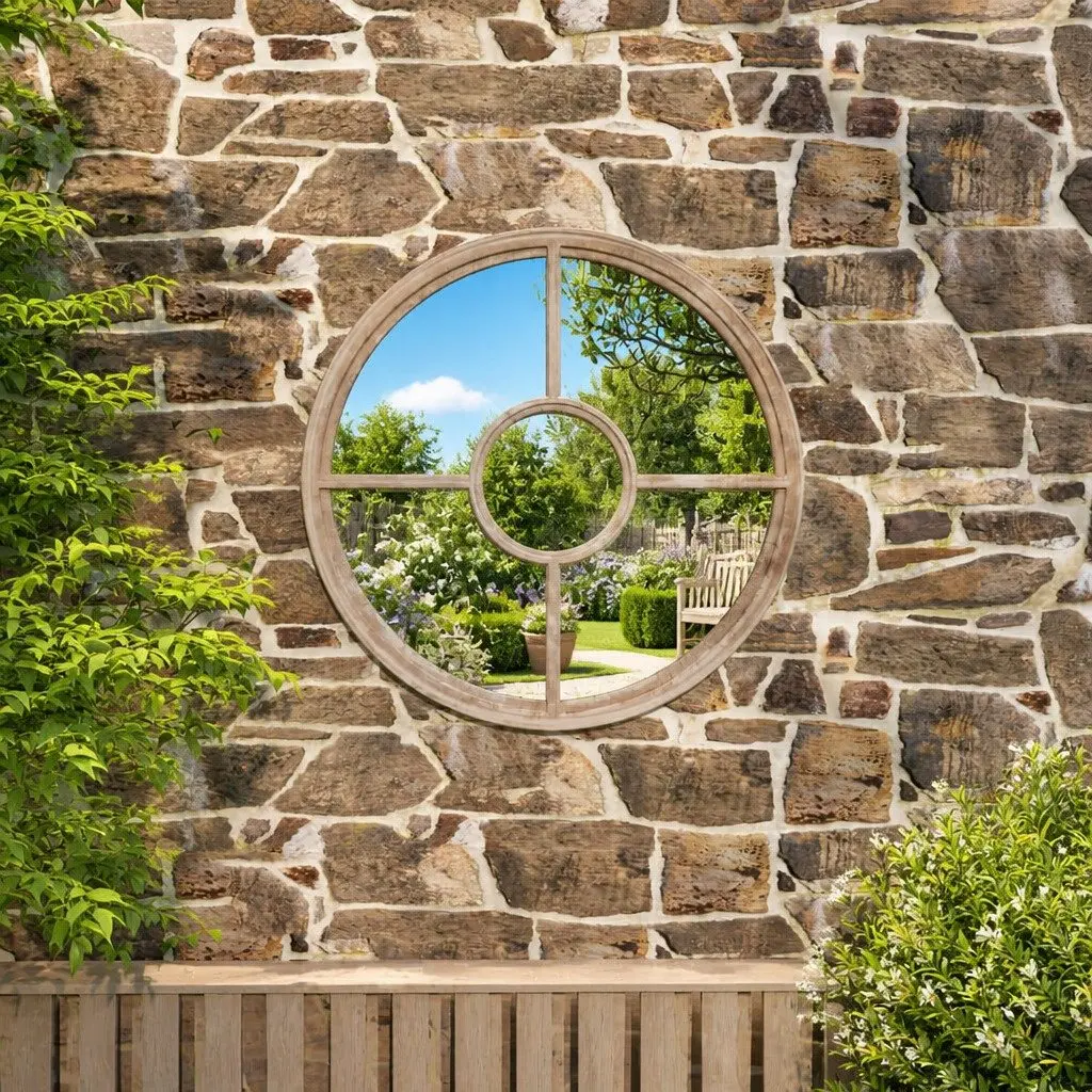 Cream Round Garden Mirror with Iron Frame 60cm