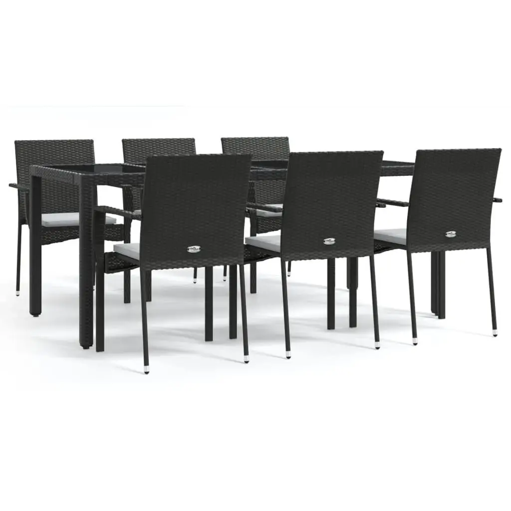 Black Poly Rattan 7 Piece Garden Dining Set with Cushions