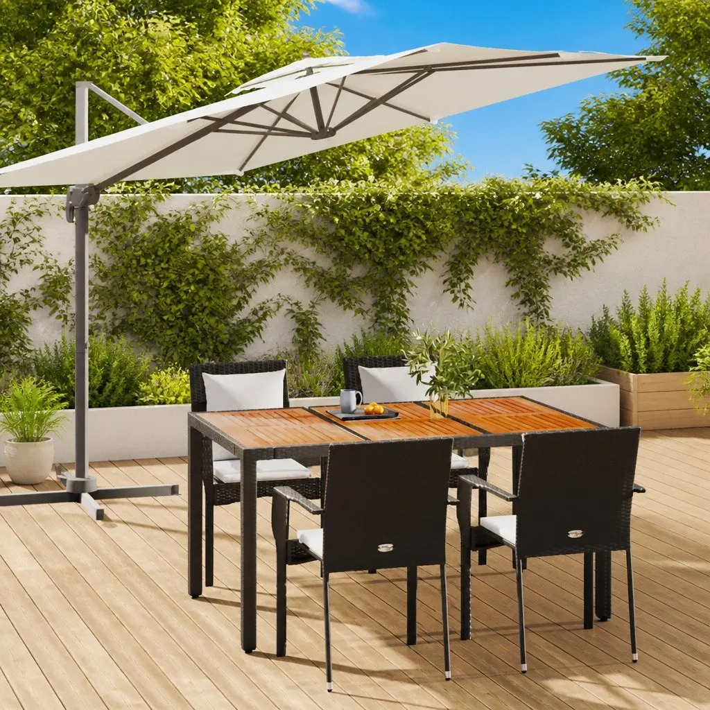 5 Piece Outdoor Dining Set Black PE Rattan Powder Coated Steel Acacia Wood Table Patio Furniture