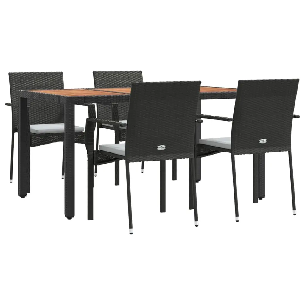 5 Piece Outdoor Dining Set Black PE Rattan Powder Coated Steel Acacia Wood Table Patio Furniture