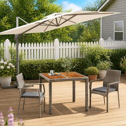 3 Piece Outdoor Dining Set with Grey Rattan and Acacia Wood