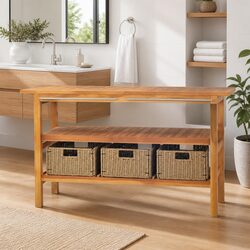 Solid Teak Wood Bathroom Vanity Cabinet with Seagrass Baskets