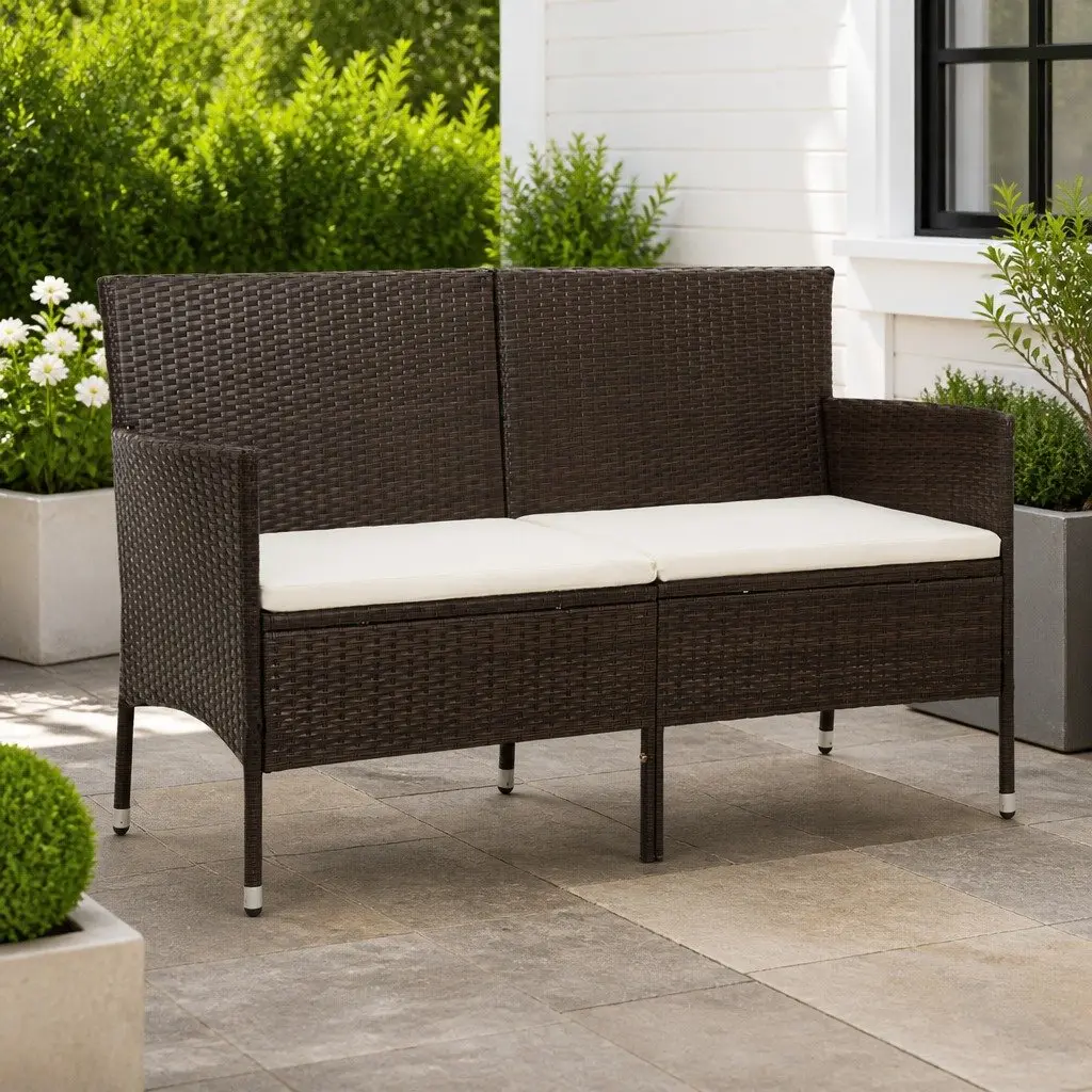 3-Seater Sofa Poly Rattan Brown Outdoor Garden Patio Furniture with Cushions