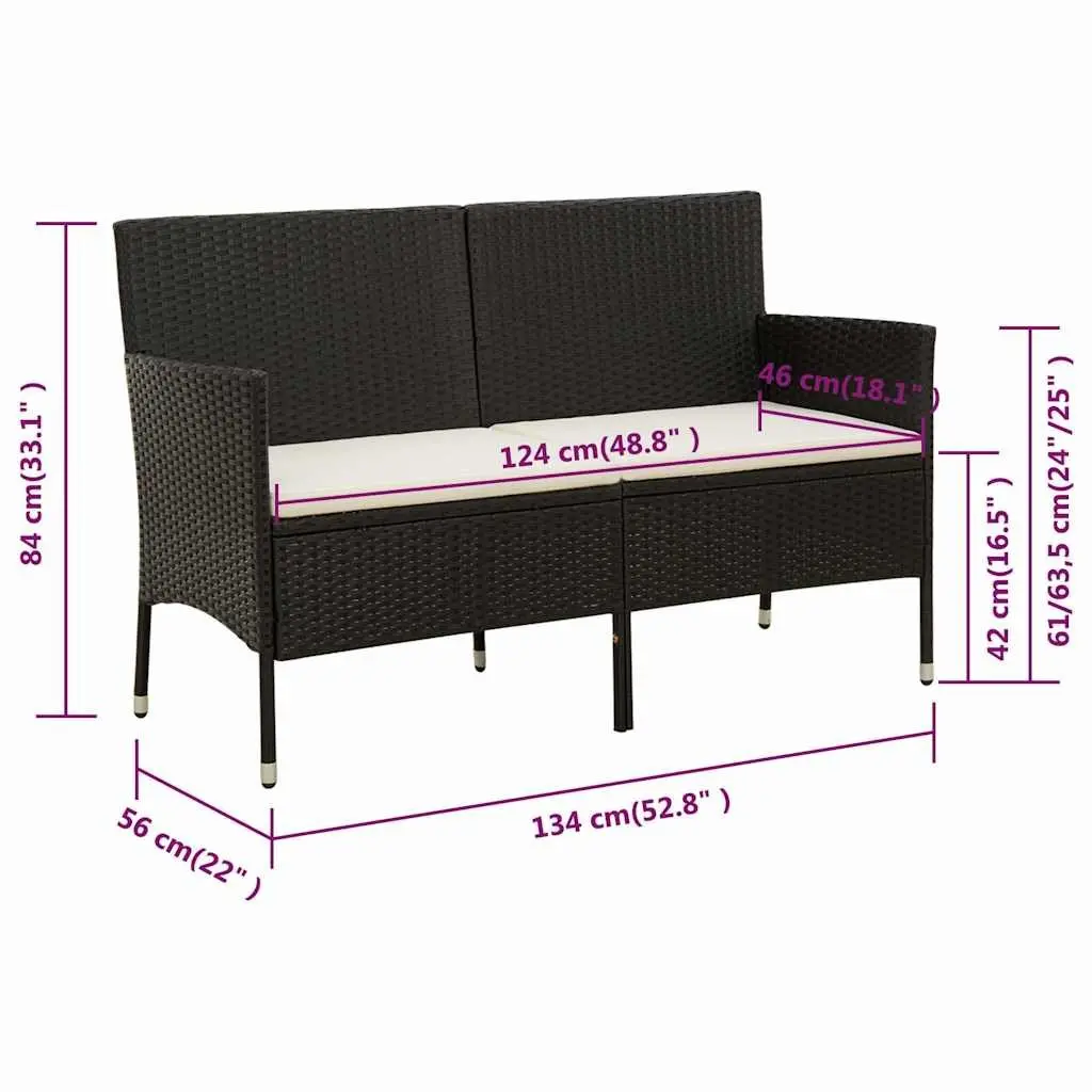3-Seater Sofa Poly Rattan Black Outdoor Patio Couch