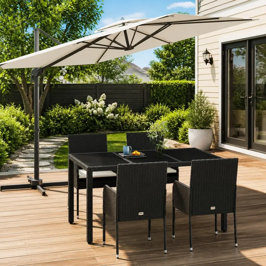 5 Piece Outdoor Dining Set Poly Rattan Black with Cushions