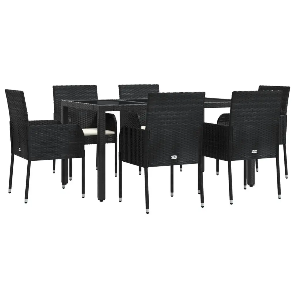 7 Piece Outdoor Dining Set PE Rattan Steel Frame Acacia Wood Top Black
