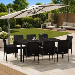 9 Piece Outdoor Garden Dining Set Black Poly Rattan Chairs Table Cushions