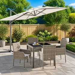 5 Piece Grey Garden Dining Set with Cushions and Rattan