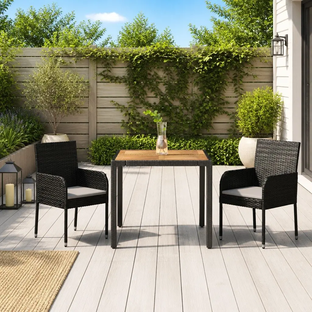 3 Piece Garden Dining Set PE Rattan Steel Frame Acacia Wood Top Black