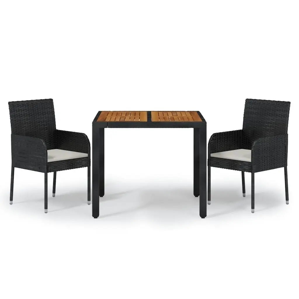 3 Piece Garden Dining Set PE Rattan Steel Frame Acacia Wood Top Black