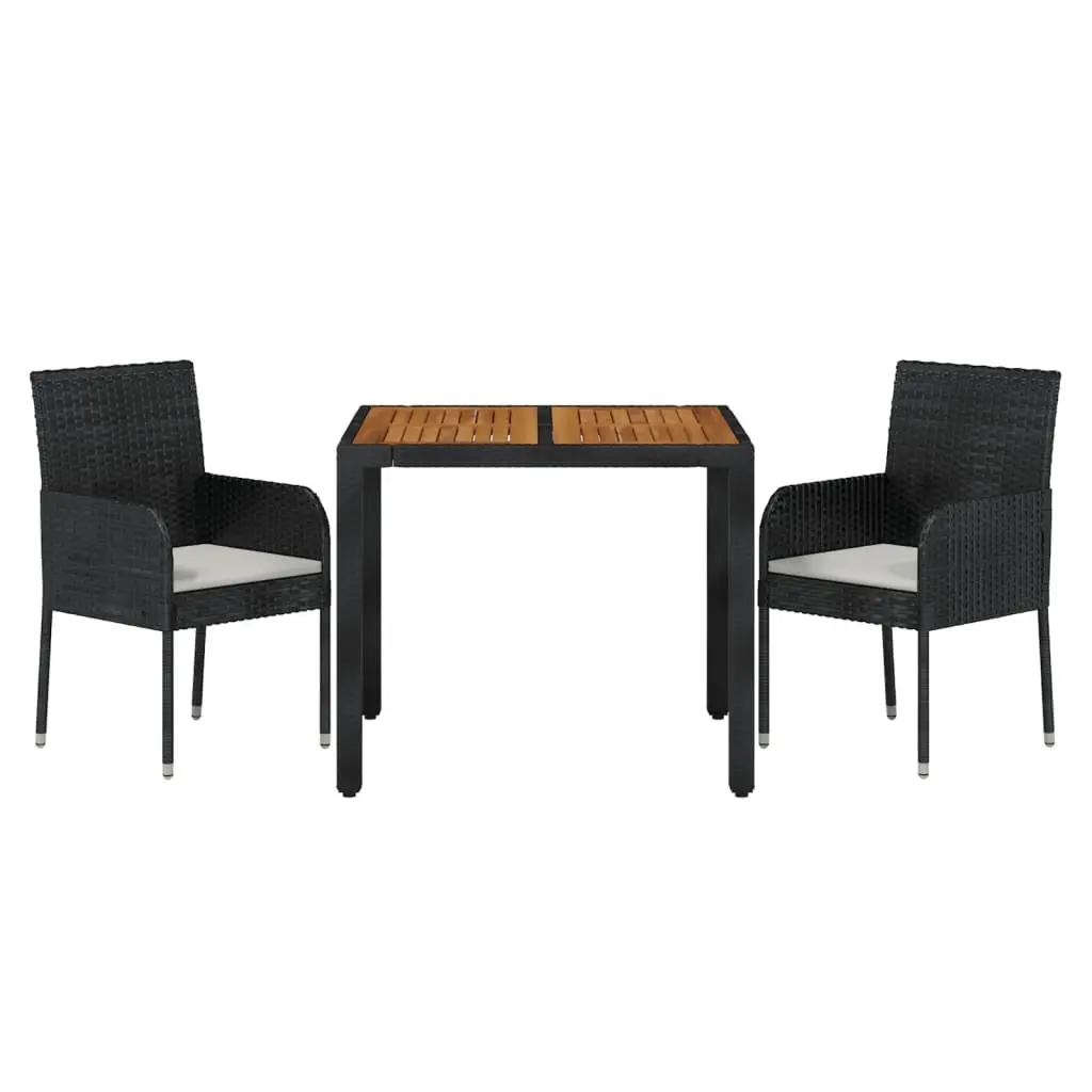 3 Piece Garden Dining Set PE Rattan Steel Frame Acacia Wood Top Black