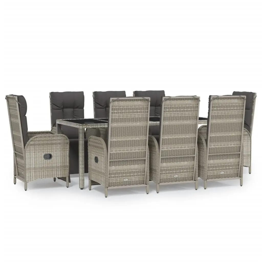 Garden Dining Set 9 Piece Grey PE Rattan Powder Coated Steel Outdoor Furniture with Tempered Glass Tabletop and Cushions