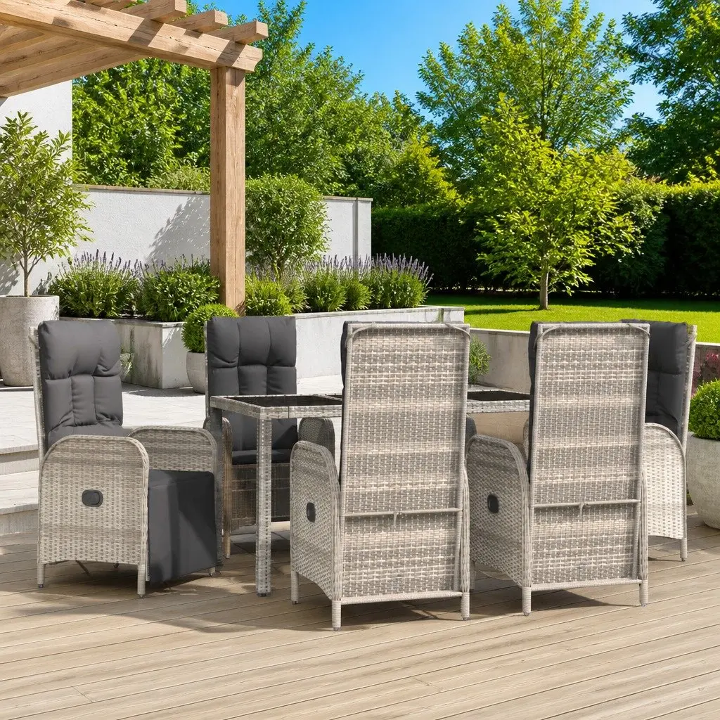 7 Piece Outdoor Garden Dining Set PE Rattan Steel Acacia Wood Grey
