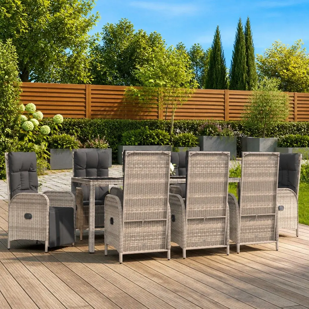 Garden Dining Set PE Rattan 9 Piece Grey Outdoor Furniture with Cushions