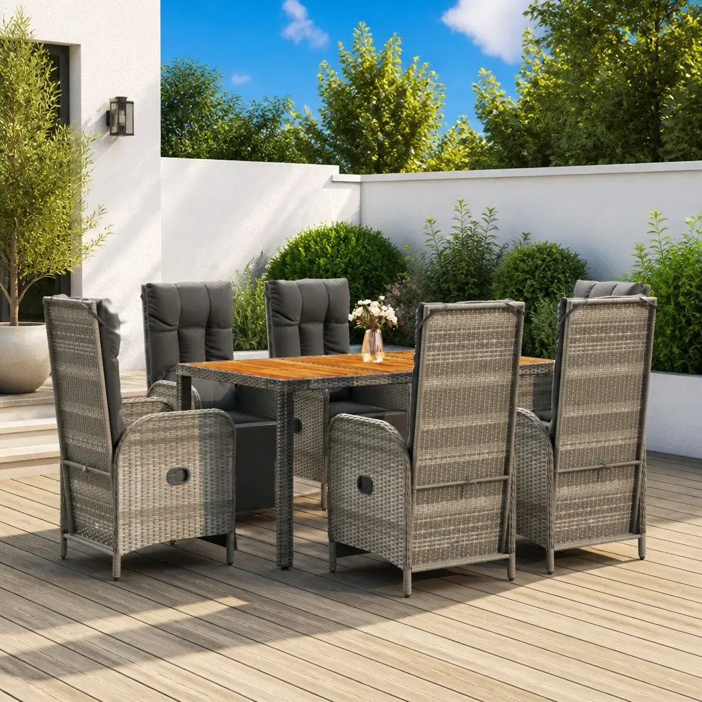 7 Piece Garden Dining Set with Grey Poly Rattan Chairs