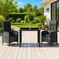 3-Piece Black Rattan Outdoor Dining Set with Glass Table