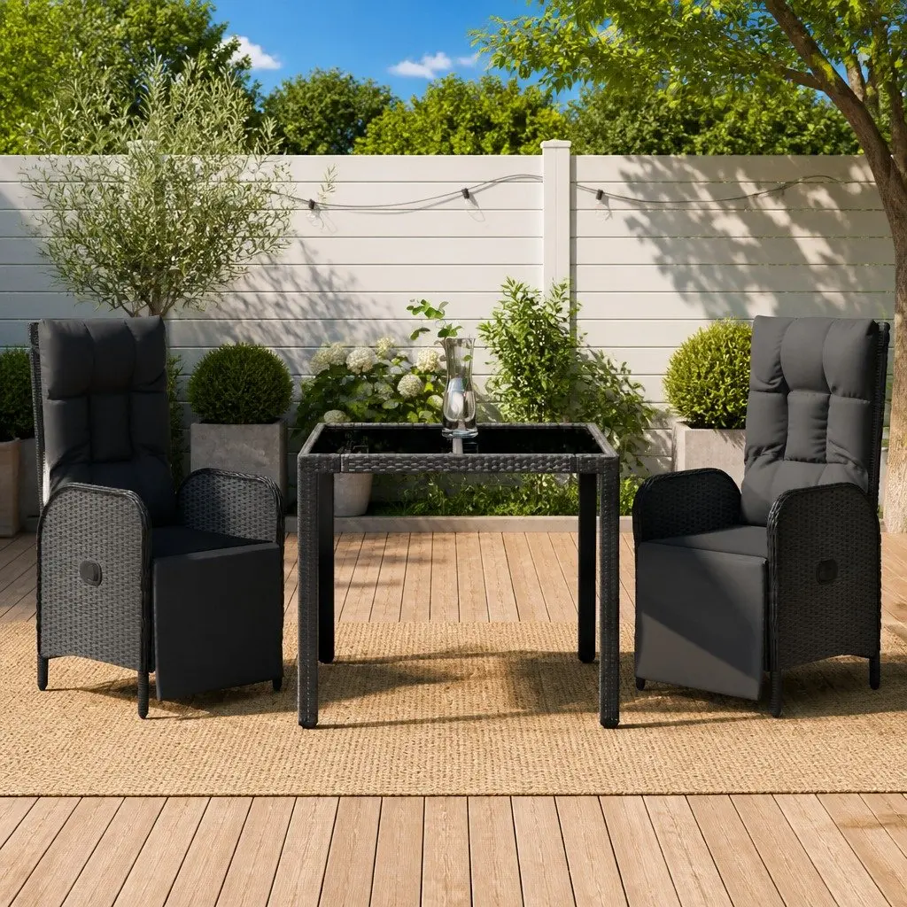 3 Piece Outdoor Dining Set in Black Poly Rattan