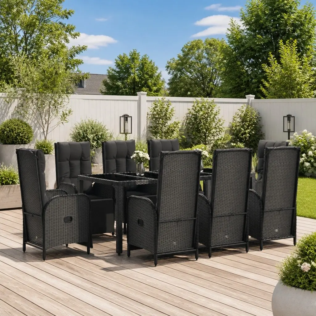 9-Piece Black Poly Rattan Outdoor Dining Set