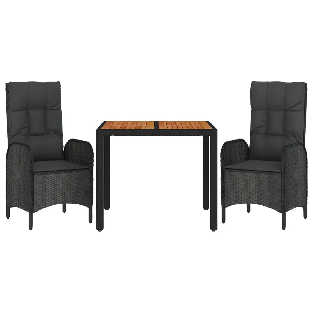 3 Piece Black Poly Rattan Garden Dining Set