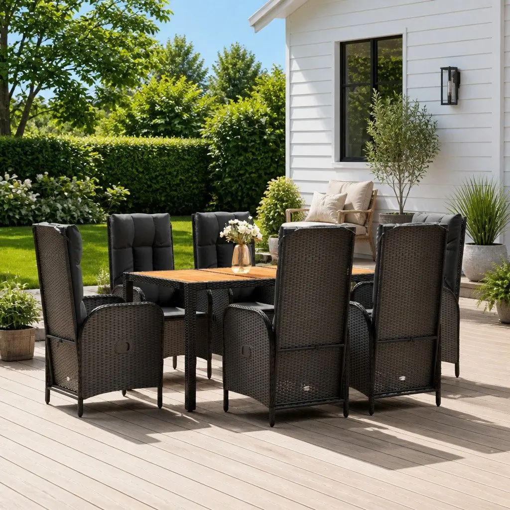 Garden Dining Set PE Rattan Steel Acacia Wood 7 Piece Outdoor Furniture Black